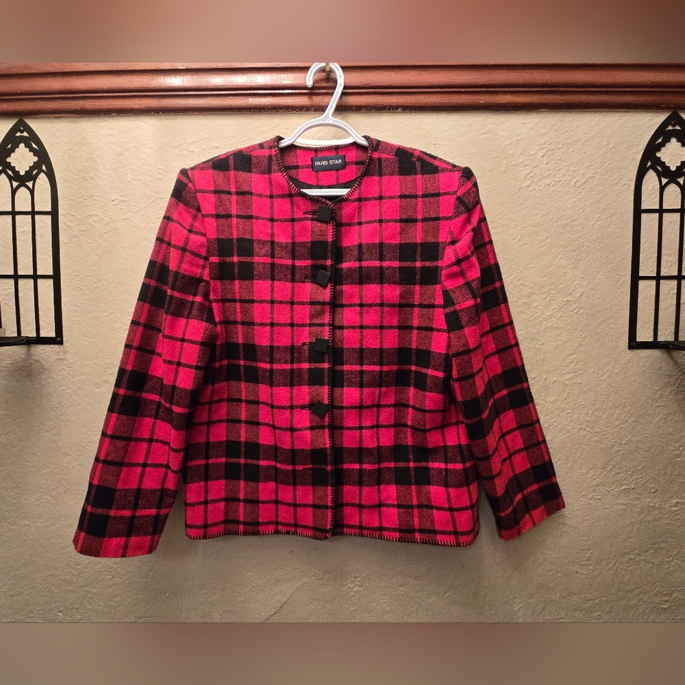 Vintage Red and Black Plaid 100% wool Blazer - Picture 2 of 8